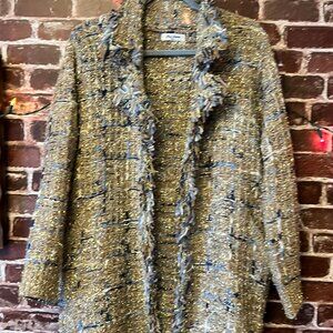 Miss Charm Paris Gold Metallic Tinsel Knit Cardigan - Blue Plaid Fringe